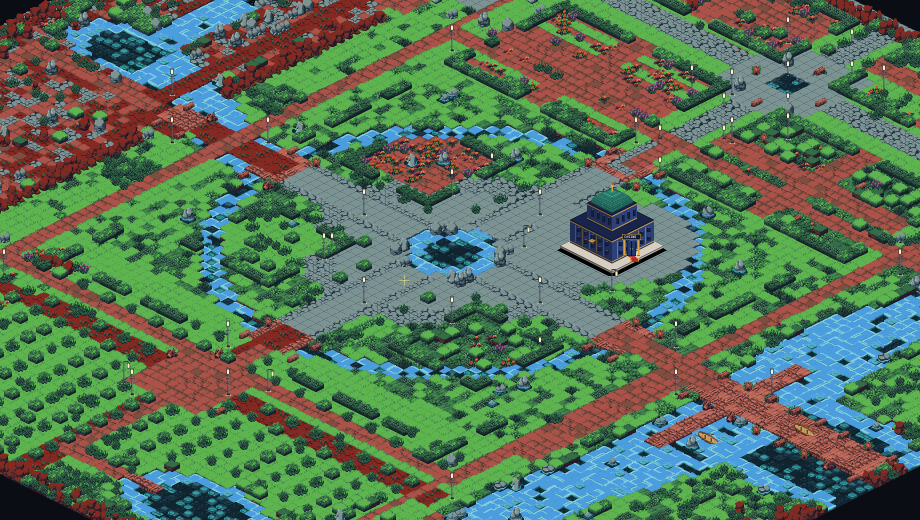 The centre of RobinCity: a round square, a canal with four bridges, the Casino